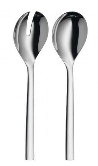 WMF Salatbesteck 25cm NUOVA Zwei glänzende Salatbesteckteile aus Edelstahl, frontal abgebildet. Links ein Löffel mit Schlitz, rechts ein normaler Löffel.