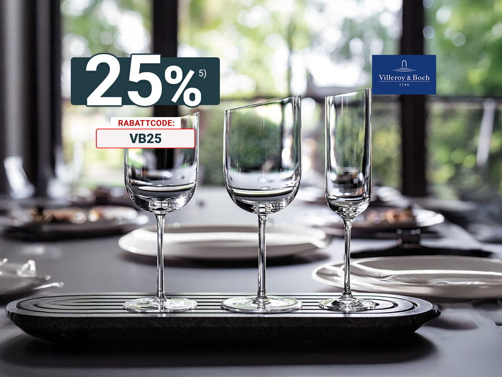 Drei elegante Villeroy-&-Boch-Gläser auf gedecktem Tisch, Aktionsbanner: 25 % Rabatt mit Code VB25