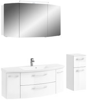 Moderne Badkombination mit Spiegelschrank, Waschbeckenunterschrank und Hochschrank in weißer Hochglanzoptik, frontal betrachtet.