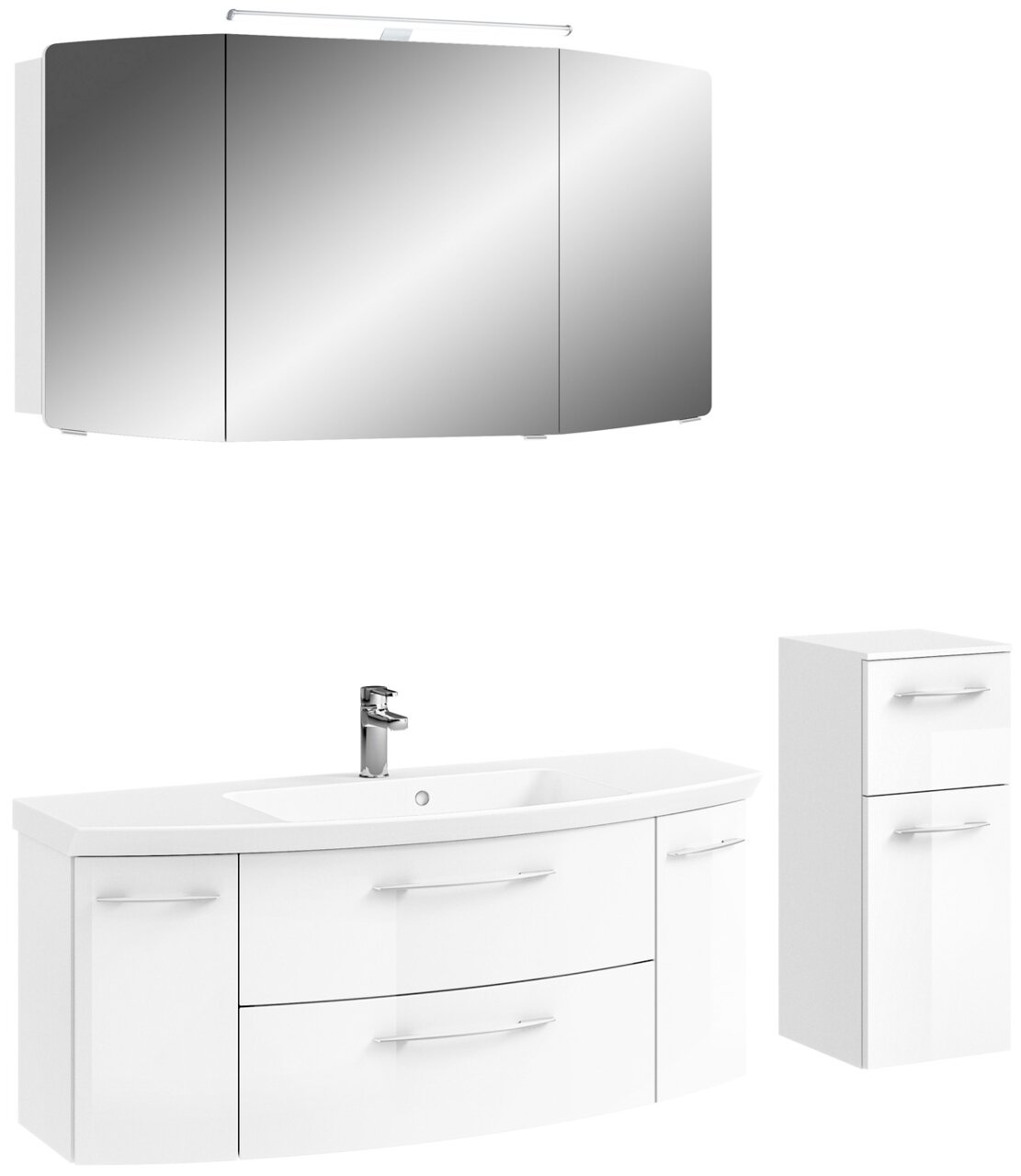 Moderne Badkombination mit Spiegelschrank, Waschbeckenunterschrank und Hochschrank in weißer Hochglanzoptik, frontal betrachtet.