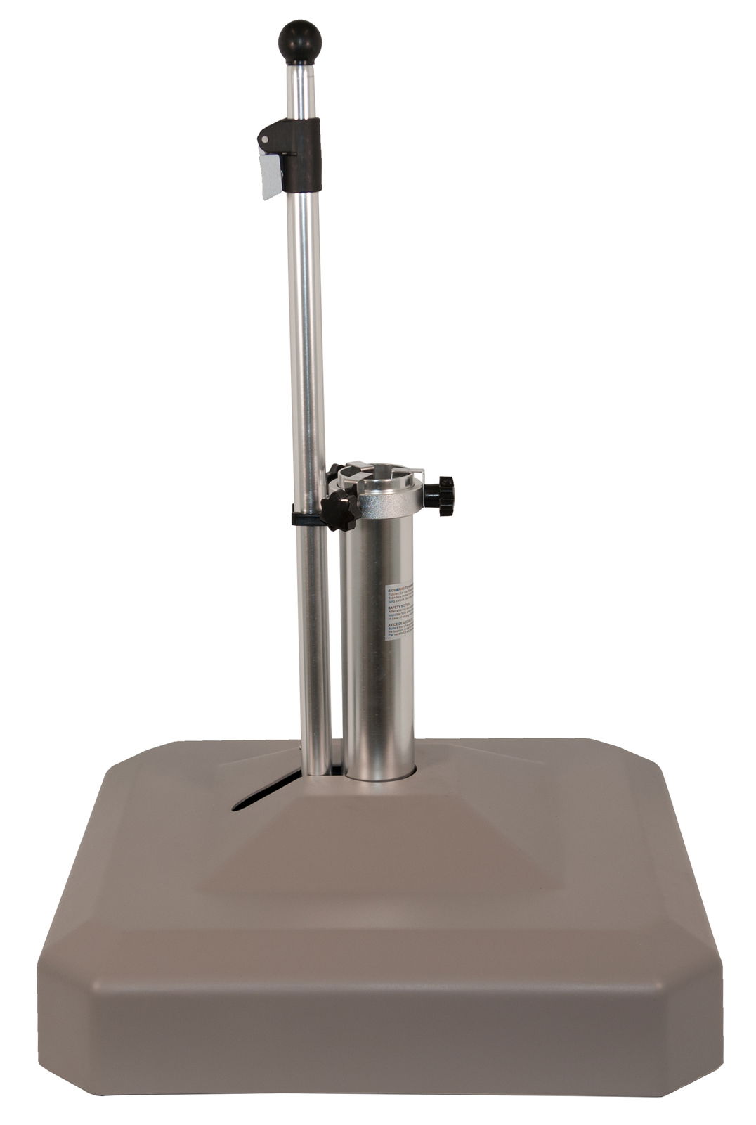 Schirmständer aus Metall mit quadratischem Sockel, seitliche Perspektive