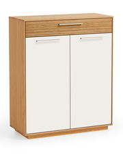 Moderner Schuhschrank aus Holz mit zwei weißen Türen und einer Schublade, Frontalansicht