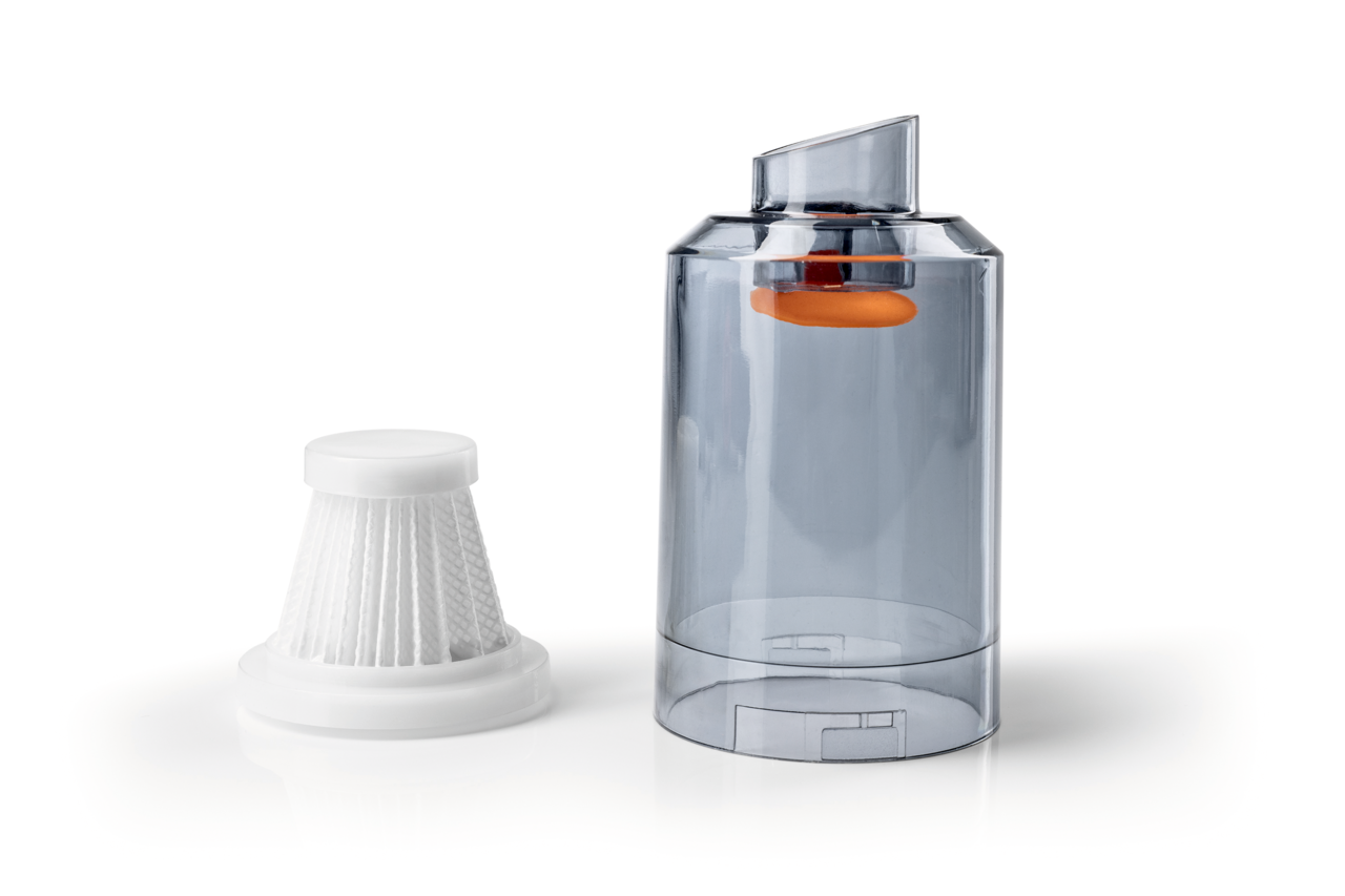 Transparenter Staubbehälter und weißer Filter für Handstaubsauger, seitliche Ansicht