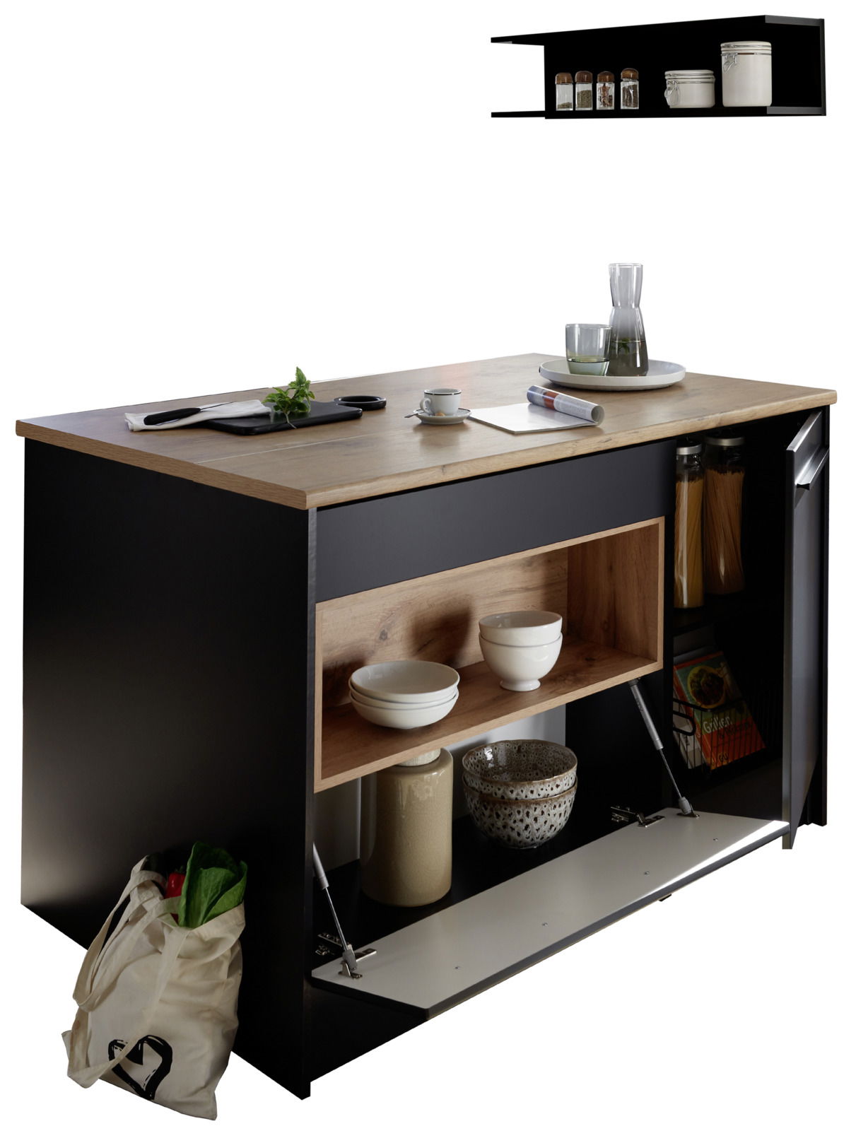 Kücheninsel mit Holzarbeitsplatte, schwarzem Korpus und offenen Regalfächern, seitliche Perspektive