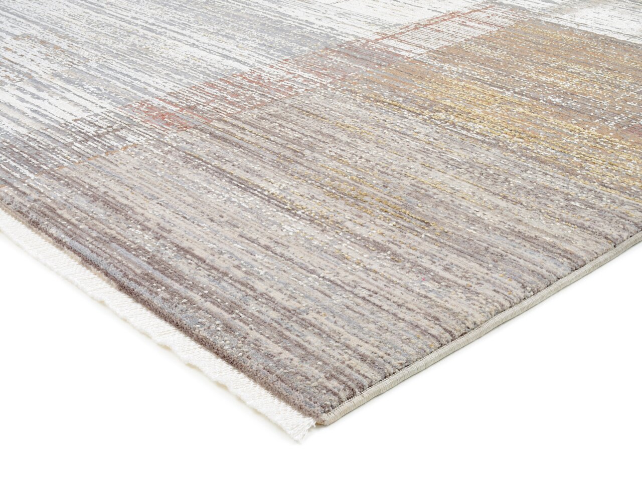 Nahaufnahme eines Designer-Teppichs mit modernen, mehrfarbigen Streifen in einer schrägen Perspektive.