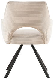 Rückansicht eines modernen Armlehnstuhls mit cremefarbenem, geripptem Stoffbezug und schwarzen Metallbeinen.