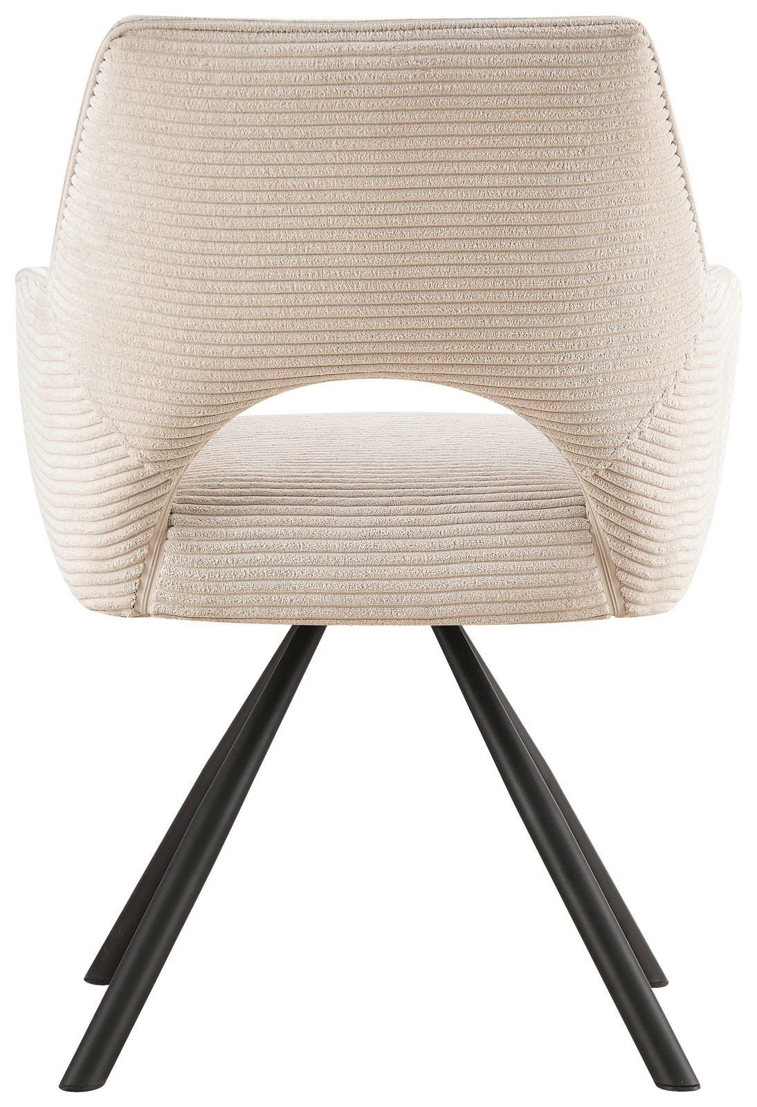 Rückansicht eines modernen Armlehnstuhls mit cremefarbenem, geripptem Stoffbezug und schwarzen Metallbeinen.