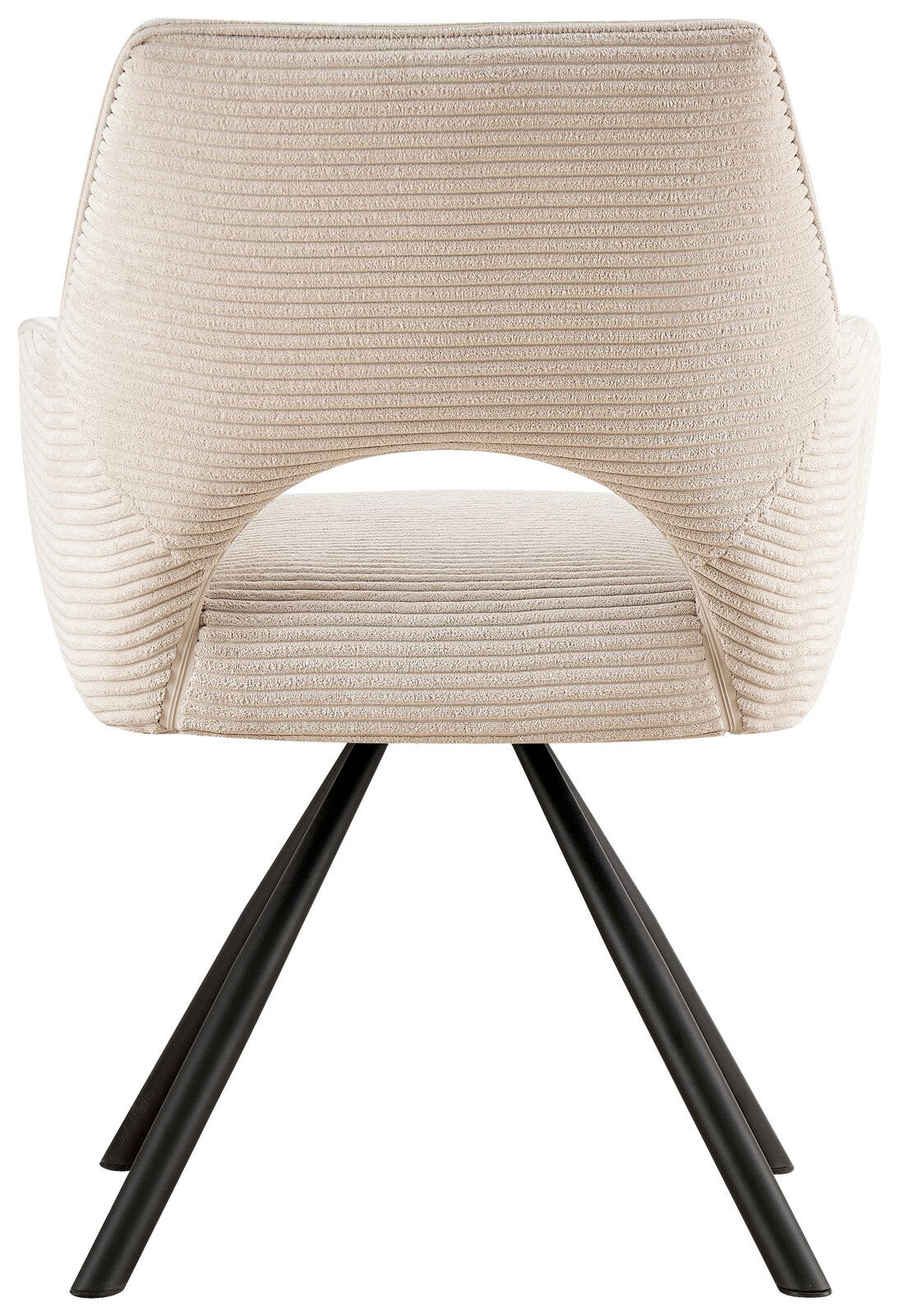 Rückansicht eines modernen Armlehnstuhls mit cremefarbenem, geripptem Stoffbezug und schwarzen Metallbeinen.
