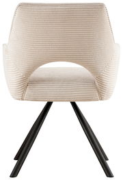 Rückansicht eines modernen Armlehnstuhls mit cremefarbenem, geripptem Stoffbezug und schwarzen Metallbeinen.