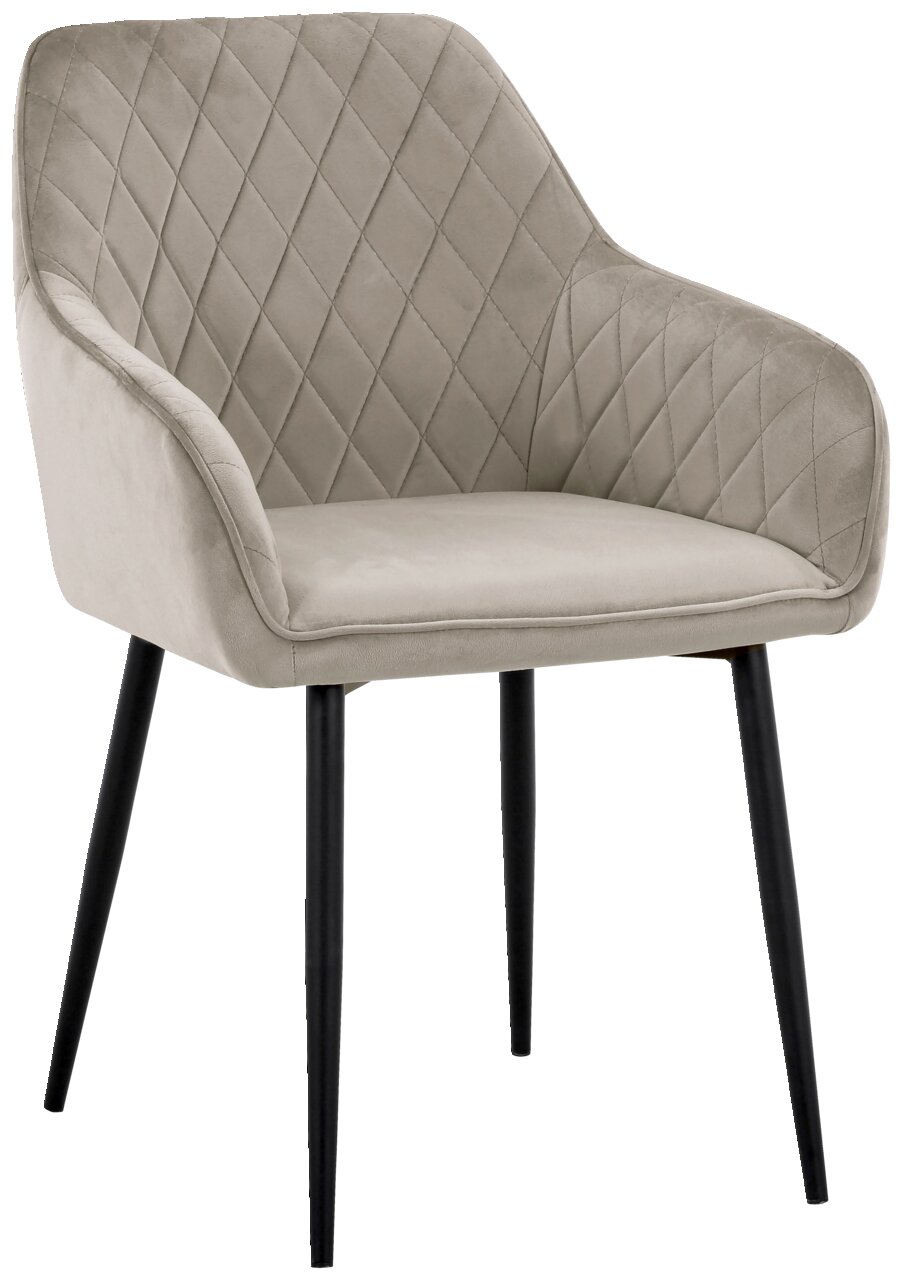 Moderner Armlehnstuhl mit gesteppter Rückenlehne und schwarzen Beinen, seitliche Perspektive