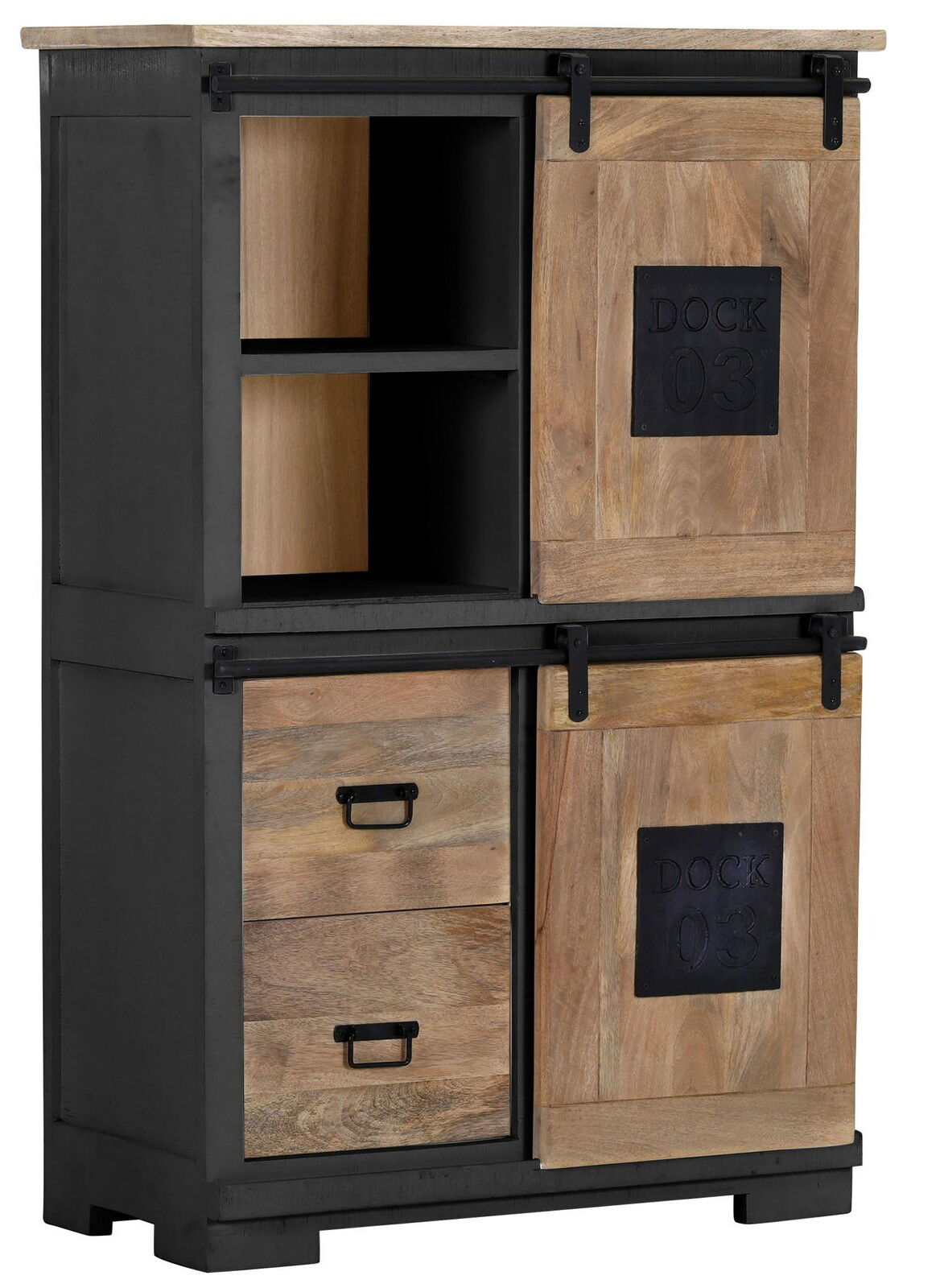 Rustikales Highboard aus Holz mit schwarzem Metallrahmen, zwei Schubladen und Schiebetüren, seitliche Perspektive