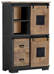 Rustikales Highboard aus Holz mit schwarzem Metallrahmen, zwei Schubladen und Schiebetüren, seitliche Perspektive