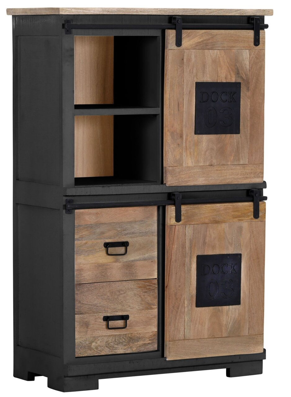 Landscape Highboard DOCK 03 AN Rustikales Highboard aus Holz mit schwarzem Metallrahmen, zwei Schubladen und Schiebetüren, seitliche Perspektive