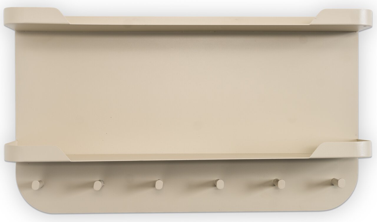 Beige Wandgarderobe mit fünf Haken und einem oberen Regal, Ansicht von vorne
