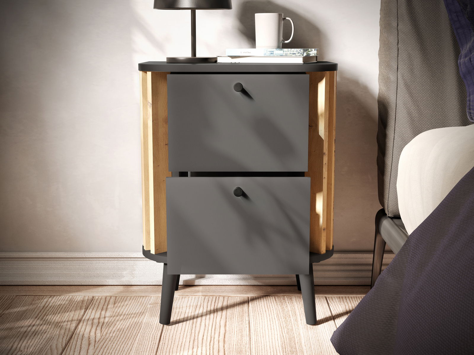 Moderne Nachtkommode mit zwei Schubladen in grauer Frontansicht, umgeben von Holzdetails, auf einem Holzboden stehend.