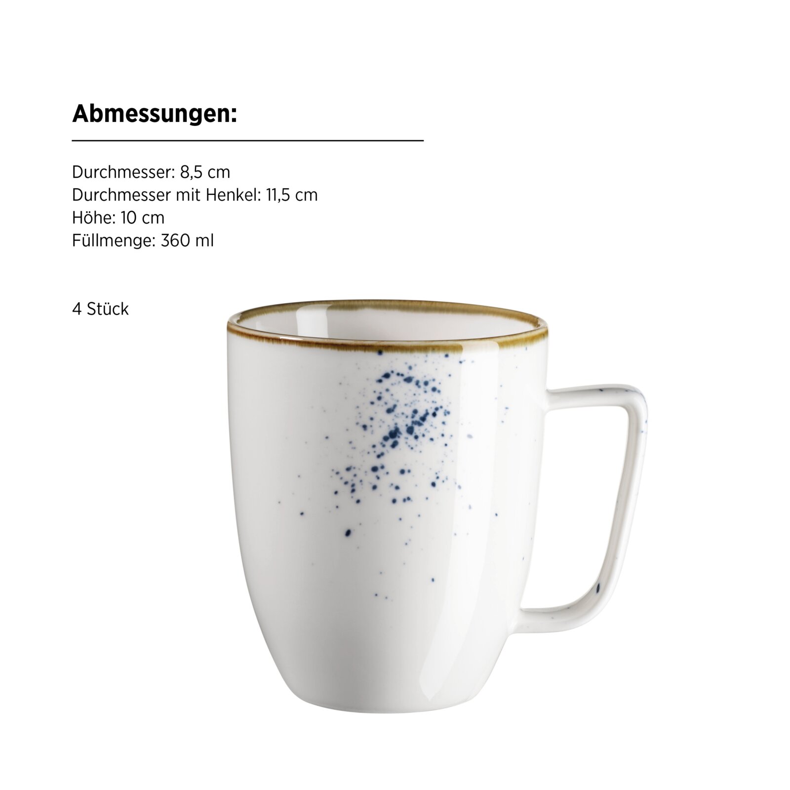 Weiße Keramik-Kaffeetasse mit blau gesprenkeltem Muster und braunem Rand, freigestellt vor weißem Hintergrund, seitliche Ansicht mit sichtbarem Henkel (leicht von vorne).