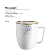 Weiße Keramik-Kaffeetasse mit blau gesprenkeltem Muster und braunem Rand, freigestellt vor weißem Hintergrund, seitliche Ansicht mit sichtbarem Henkel (leicht von vorne).