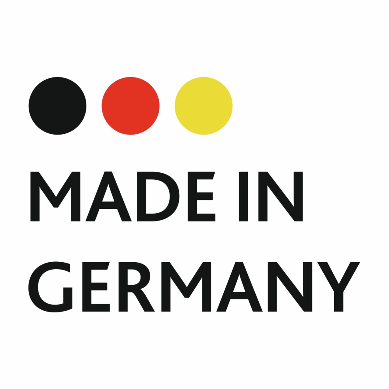 Logo mit drei Kreisen in Schwarz, Rot und Gelb über dem Text 'MADE IN GERMANY', frontale Ansicht
