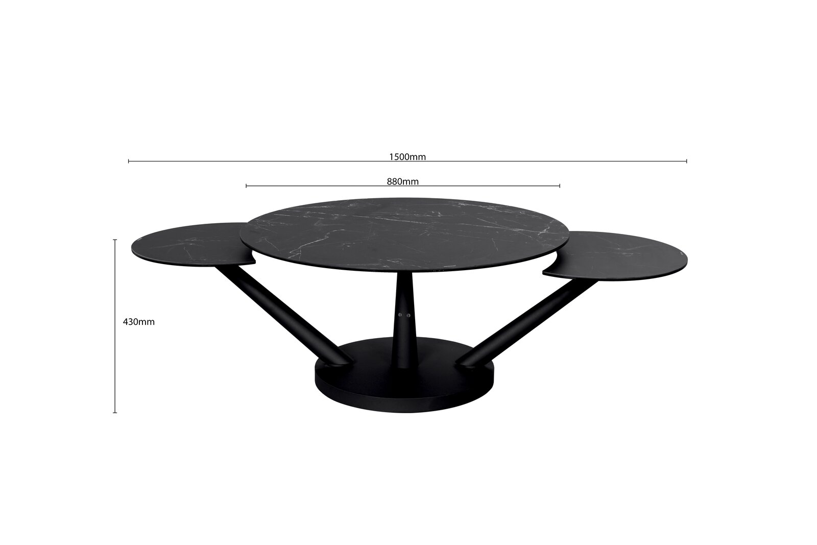 Moderner Couchtisch mit drei runden, schwarzen Tischplatten in Marmoroptik, die auf schrägen Metallbeinen ruhen. Frontalansicht.