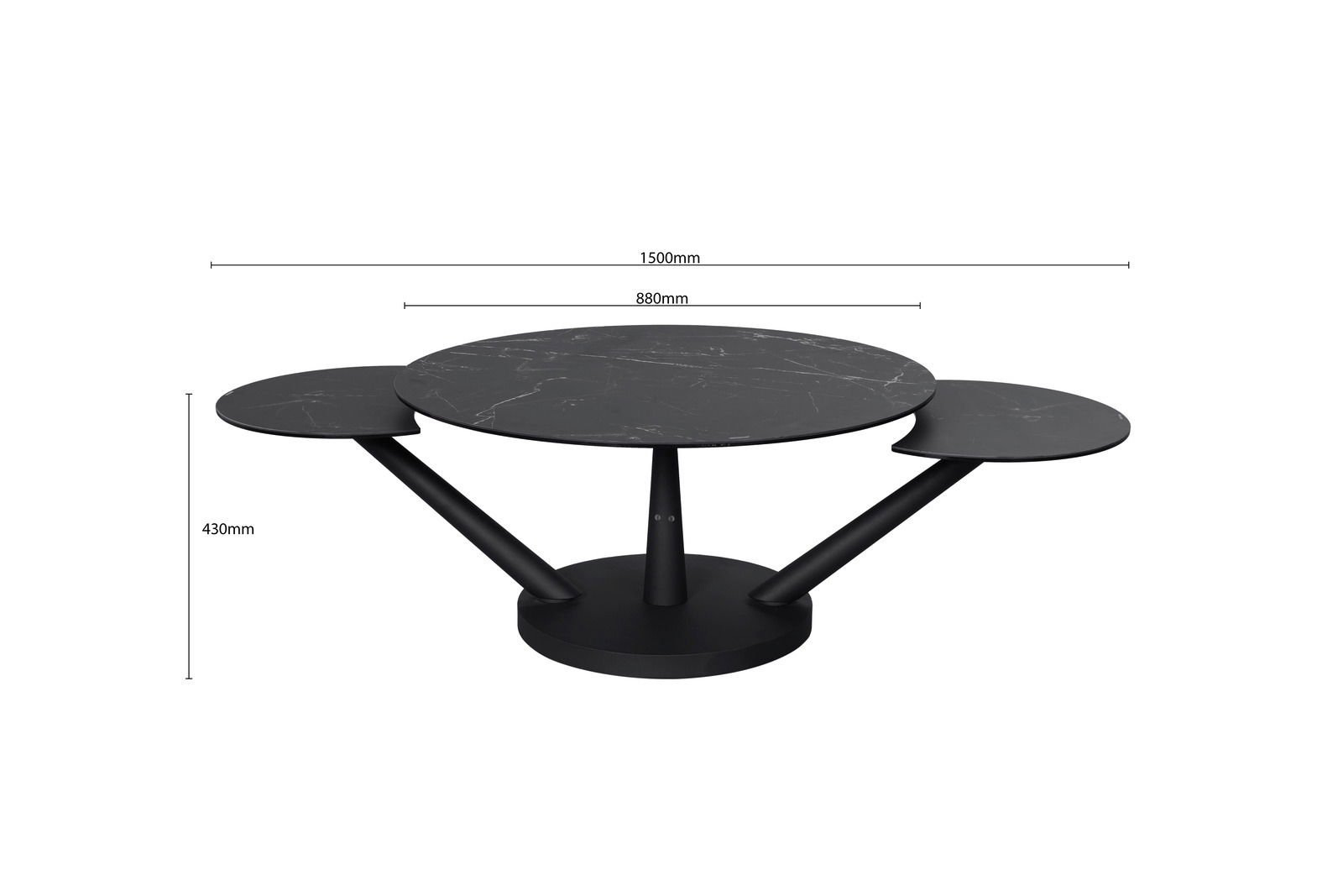 Moderner Couchtisch mit drei runden, schwarzen Tischplatten in Marmoroptik, die auf schrägen Metallbeinen ruhen. Frontalansicht.