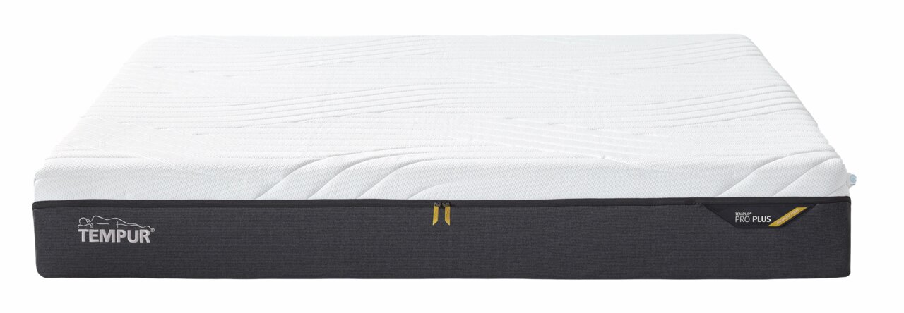Tempur Viscomatratze PRO PLUS COOLQUILT Viscomatratze 180x200 medium von vorne, mit weißer Oberfläche und schwarzem Rand, TEMPUR-Logo sichtbar.