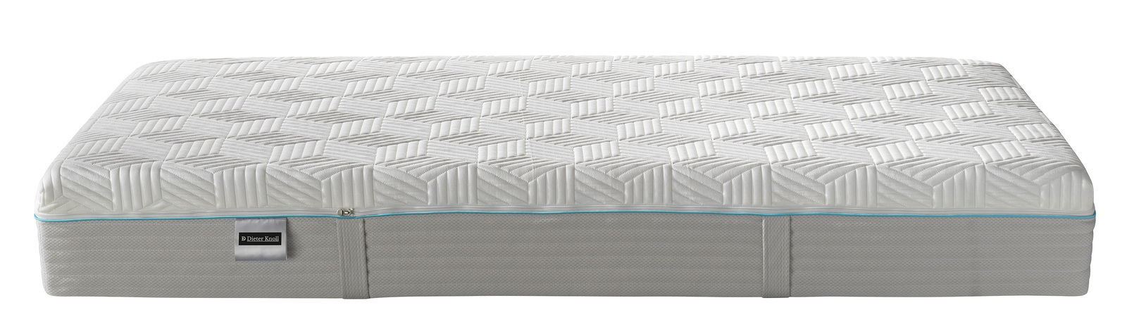 Gel-Kaltschaummatratze von Dieter Knoll in Seitenansicht mit geometrischem Muster und blauer Ziernaht.