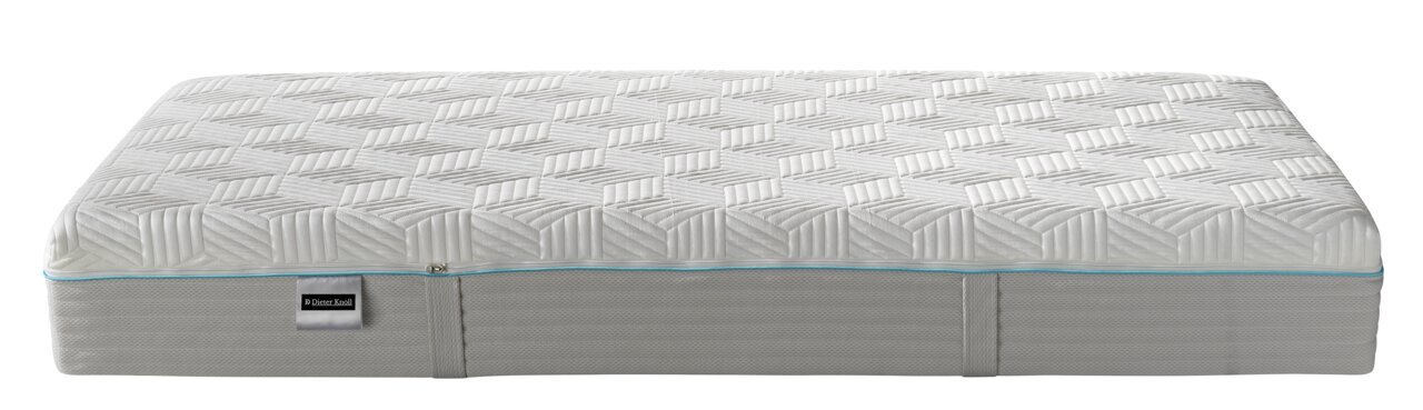 Gel-Kaltschaummatratze von Dieter Knoll in Seitenansicht mit geometrischem Muster und blauer Ziernaht.