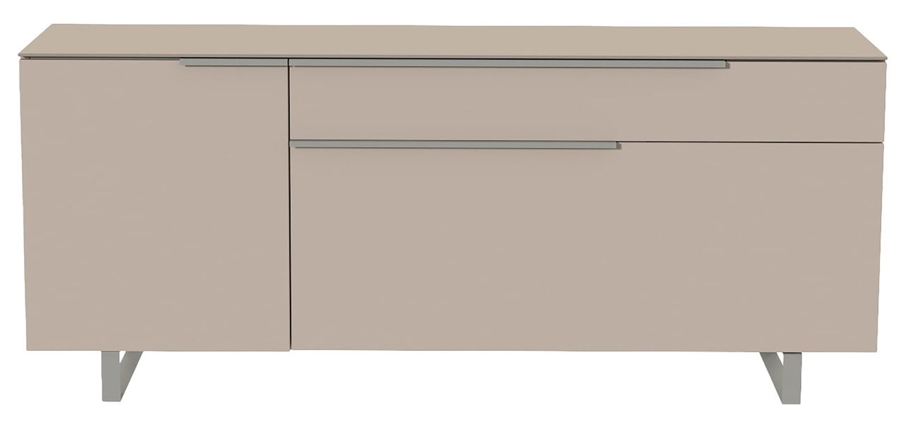 Frontansicht eines modernen, beigen TV-Lowboards mit zwei Schubladen und Metallgriffen.