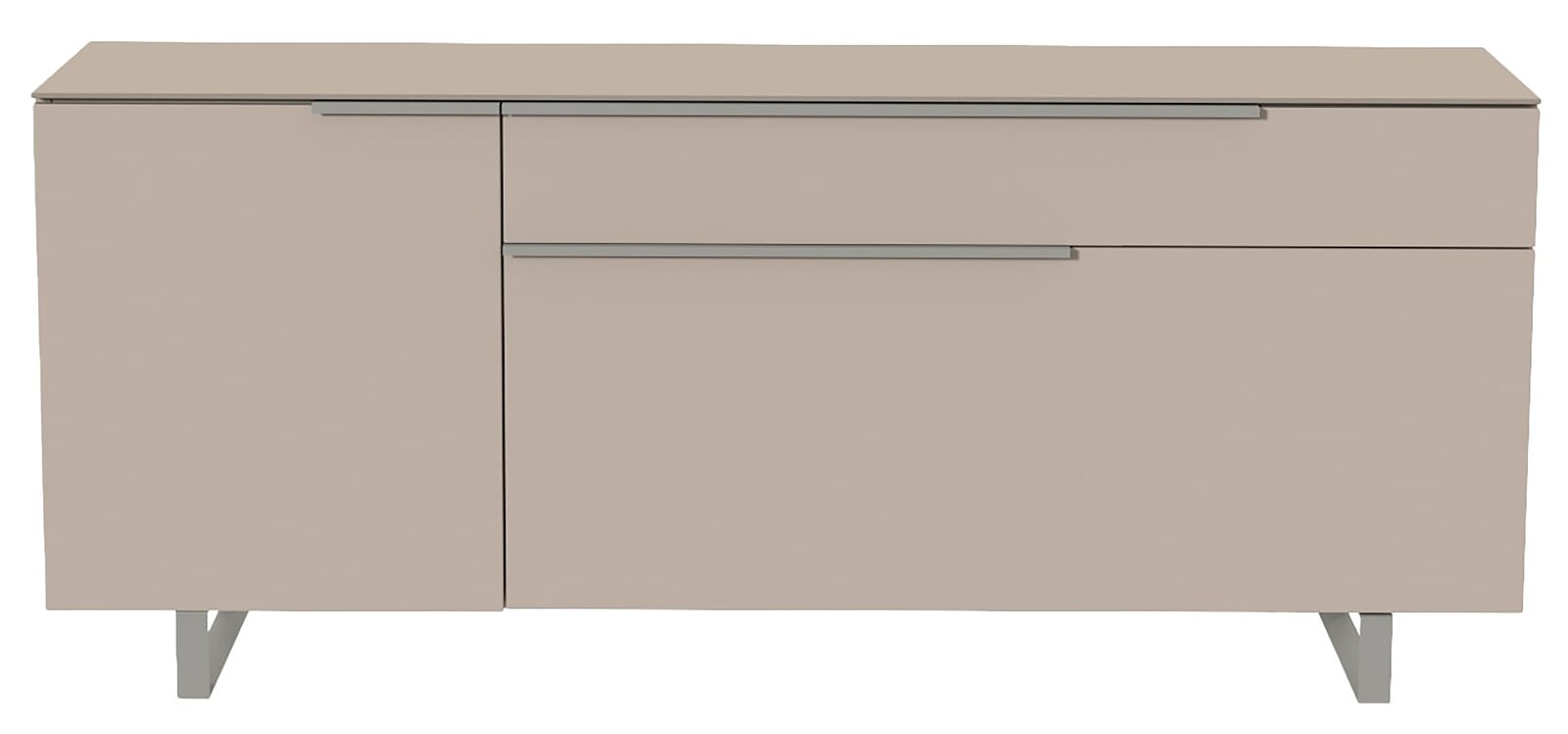 Moderano TV-Lowboard BORMIO Frontansicht eines modernen, beigen TV-Lowboards mit zwei Schubladen und Metallgriffen.