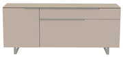 Frontansicht eines modernen, beigen TV-Lowboards mit zwei Schubladen und Metallgriffen.