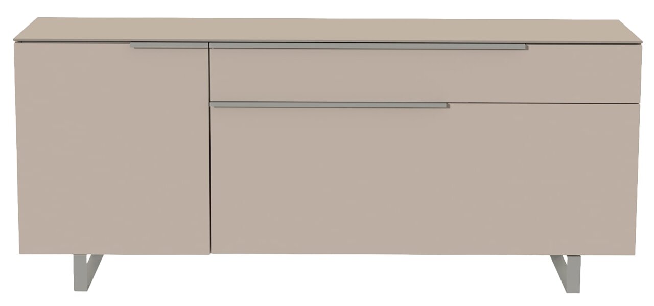 Frontansicht eines modernen, beigen TV-Lowboards mit zwei Schubladen und Metallgriffen.