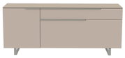Frontansicht eines modernen, beigen TV-Lowboards mit zwei Schubladen und Metallgriffen.