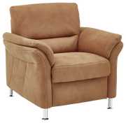 Bequemer brauner Sessel mit weichem Stoffbezug und silbernen Beinen, seitliche Perspektive