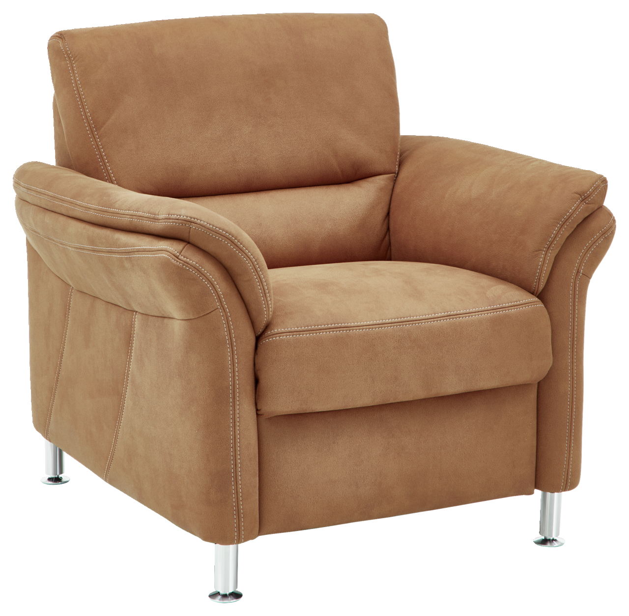 Bequemer brauner Sessel mit weichem Stoffbezug und silbernen Beinen, seitliche Perspektive