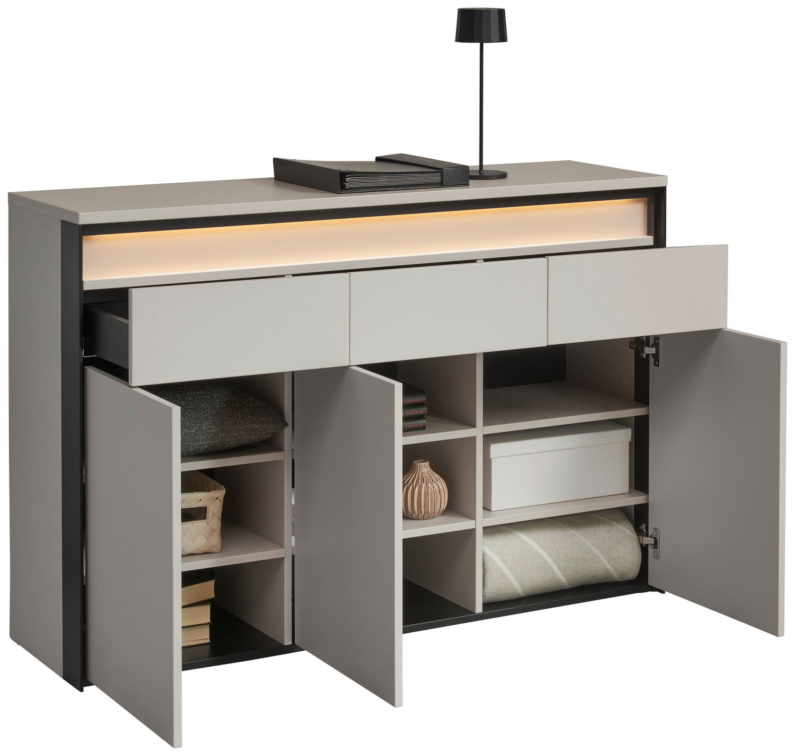 Modernes Sideboard mit offenen Schubladen und Türen, seitliche Perspektive
