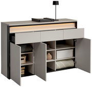 Modernes Sideboard mit offenen Schubladen und Türen, seitliche Perspektive
