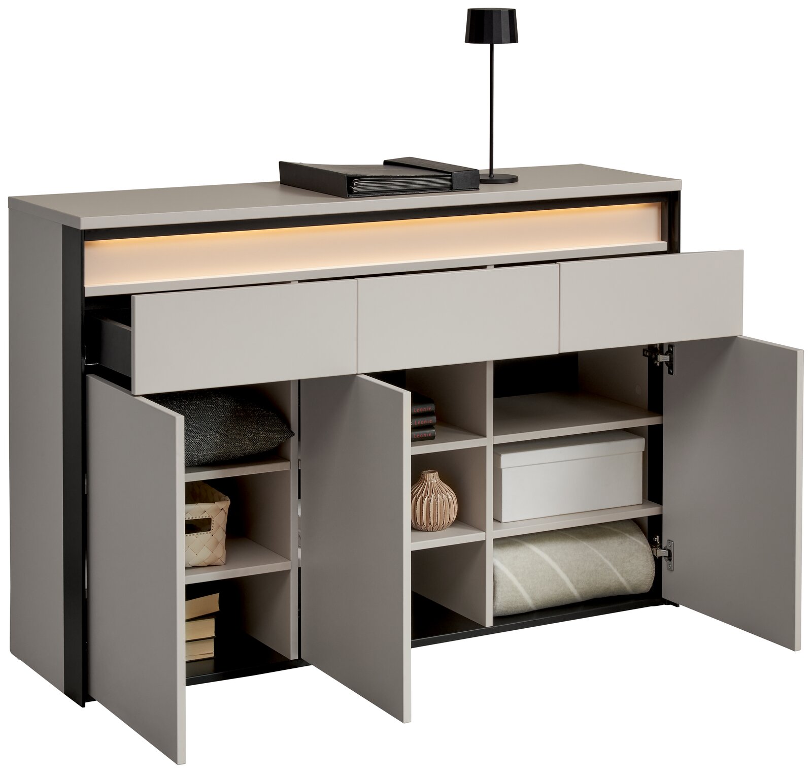 Modernes Sideboard mit offenen Schubladen und Türen, seitliche Perspektive