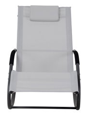 Frontale Ansicht einer modernen Schaukelliege mit grauem Stoffbezug und schwarzem Metallrahmen.