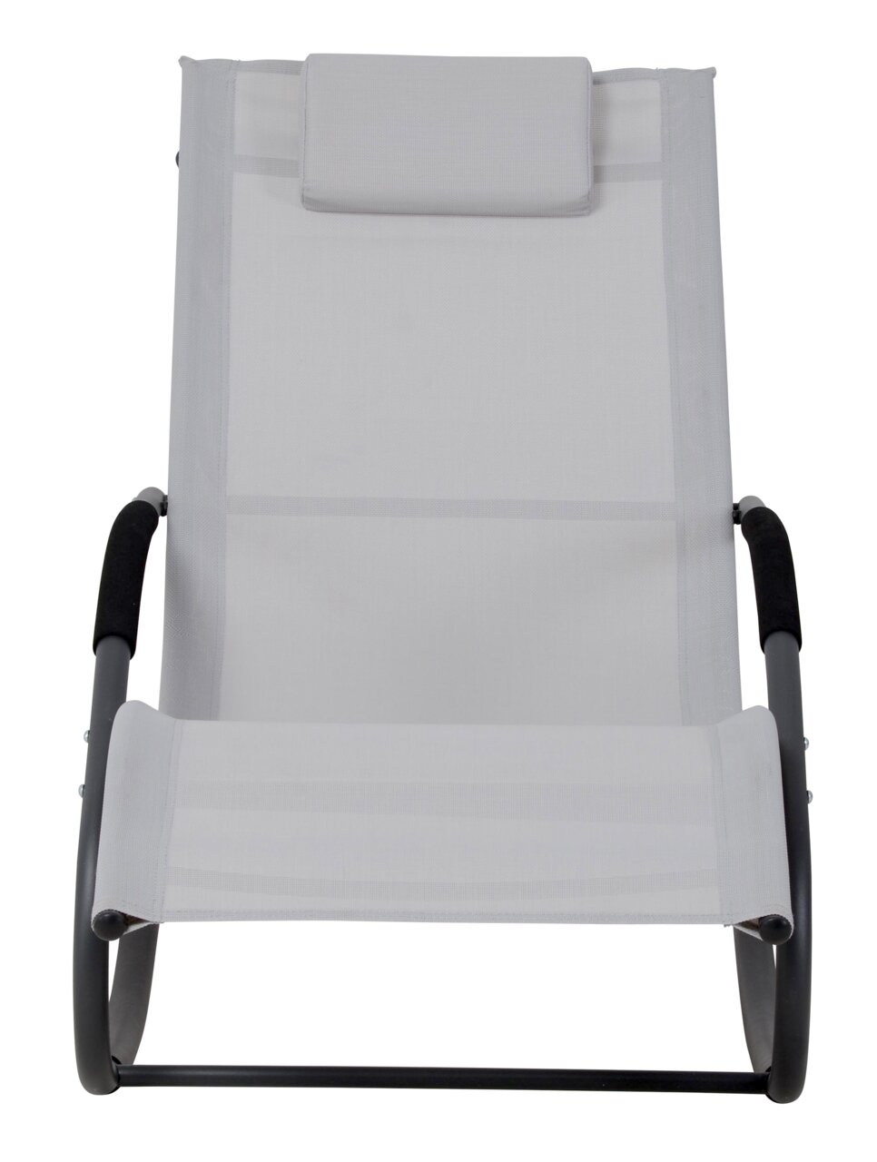 Frontale Ansicht einer modernen Schaukelliege mit grauem Stoffbezug und schwarzem Metallrahmen.