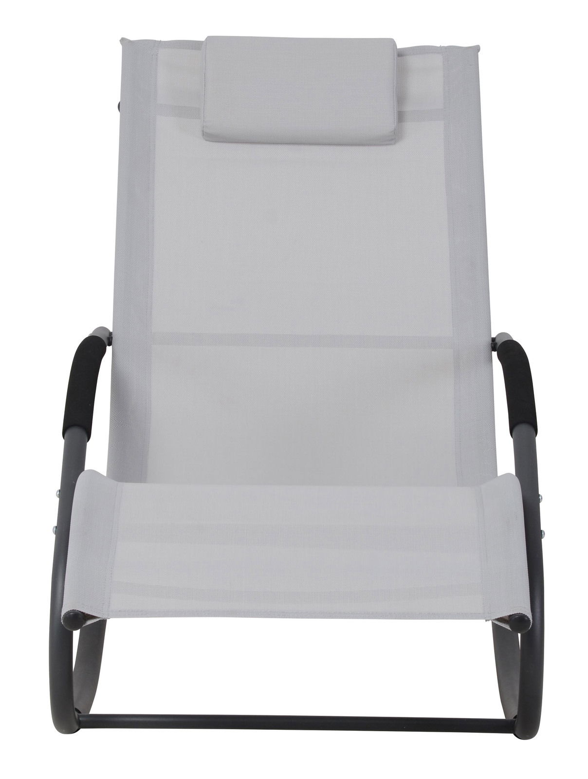 Frontale Ansicht einer modernen Schaukelliege mit grauem Stoffbezug und schwarzem Metallrahmen.