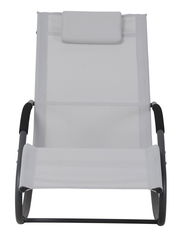 Frontale Ansicht einer modernen Schaukelliege mit grauem Stoffbezug und schwarzem Metallrahmen.