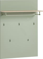 Garderobenpaneel in breiter Ausführung, grüne Farbe, mit einer oberen Ablage und mehreren Haken, Frontalansicht.