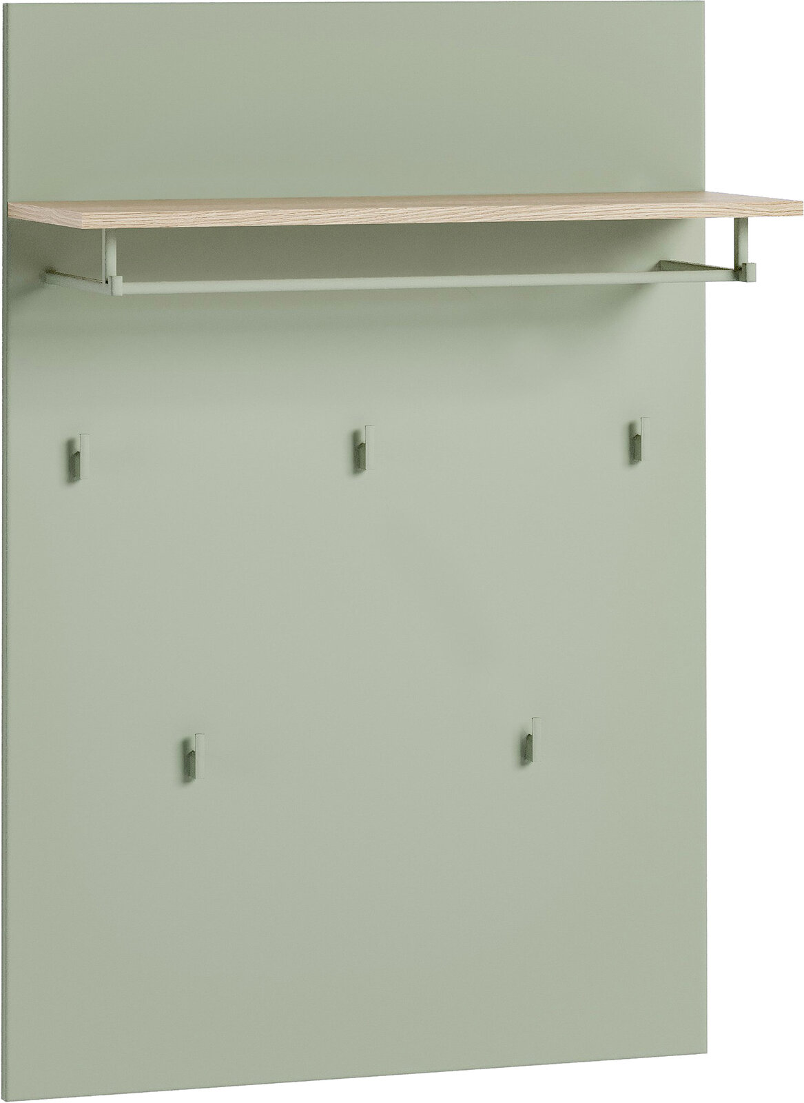 Voleo Garderobenpaneel breit Garderobenpaneel in breiter Ausführung, grüne Farbe, mit einer oberen Ablage und mehreren Haken, Frontalansicht.