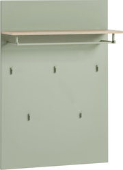 Garderobenpaneel in breiter Ausführung, grüne Farbe, mit einer oberen Ablage und mehreren Haken, Frontalansicht.