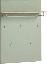 Garderobenpaneel in breiter Ausführung, grüne Farbe, mit einer oberen Ablage und mehreren Haken, Frontalansicht.