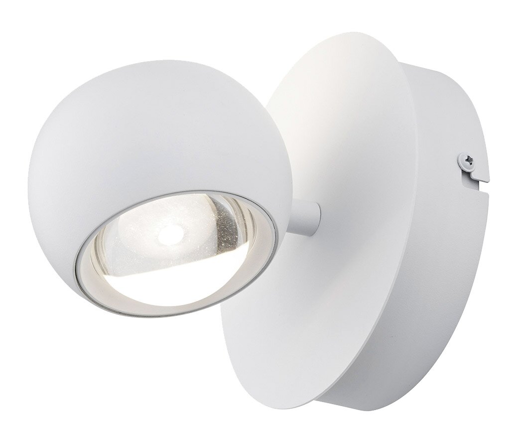 Moderne weiße Wandleuchte CANNON mit rundem Design, seitliche Perspektive