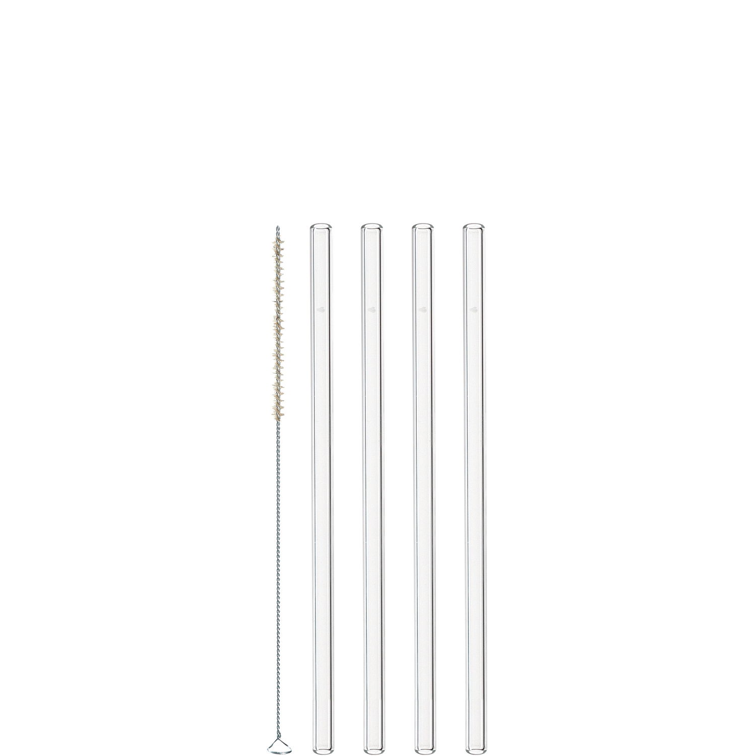 Leonardo 4 Glastrinkhalme GLASGESCHENKE Set aus vier transparenten Glastrinkhalmen und einer Reinigungsbürste, frontal abgebildet.