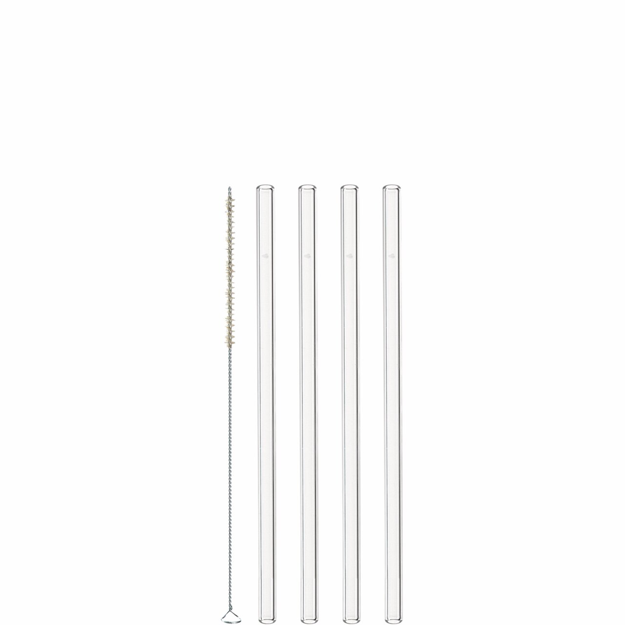 Leonardo 4 Glastrinkhalme GLASGESCHENKE Set aus vier transparenten Glastrinkhalmen und einer Reinigungsbürste, frontal abgebildet.