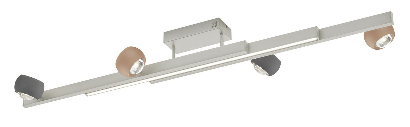 Moderne Deckenleuchte mit vier verstellbaren Strahlern in verschiedenen Farben, seitliche Perspektive