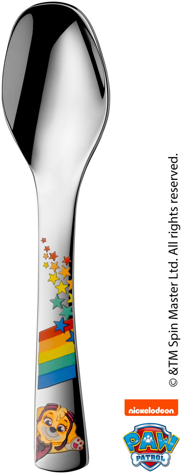 Löffel mit Paw Patrol Design, bunte Sterne und Skye-Motiv, Vorderansicht